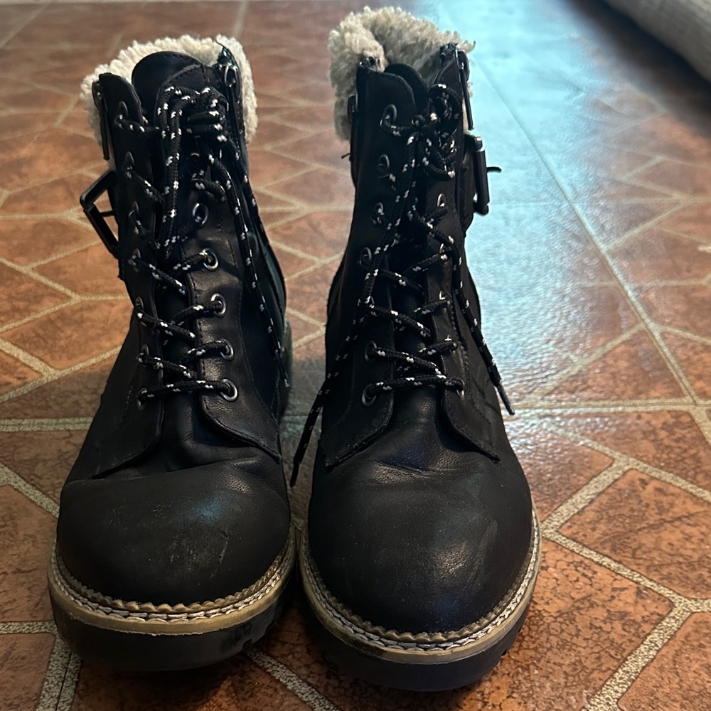 Black Lace-Up Combat Boots with Faux Shearling Lining